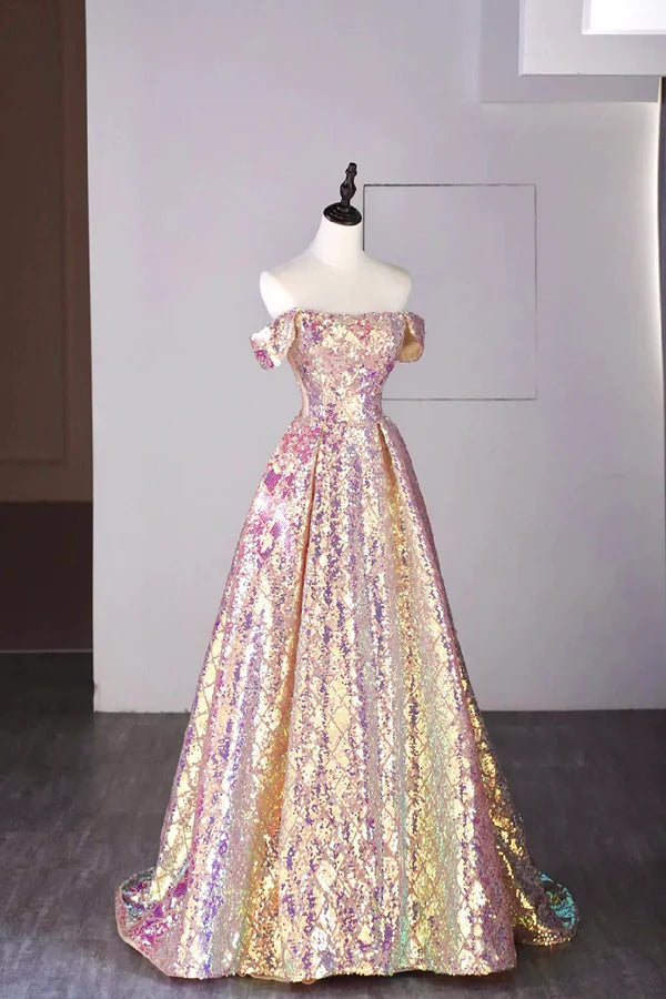 Wholesale Shiny Sequins Floor Length Prom Dress Off the Shoulder Evening Party Dress